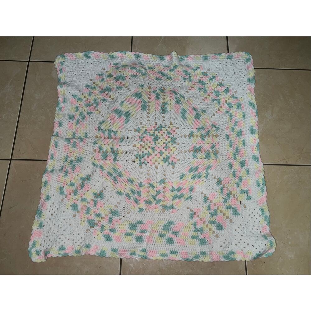 Vintage Handmade Crochet Knit Baby Nursery Blanket Throw 35" x 35"